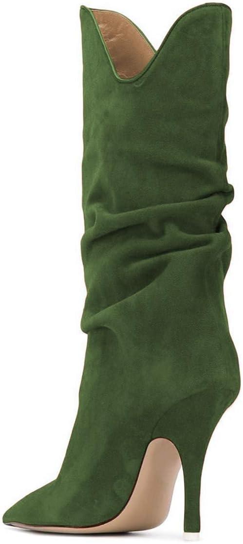 imageFSJ Women Slouchy Mid Calf Boots Pointed Toe Slim Stiletto High Heel Under Knee Boots V Cut Pointed Toe Pull On Winter Dress Shoe Size 415 USGreen