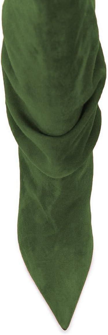 imageFSJ Women Slouchy Mid Calf Boots Pointed Toe Slim Stiletto High Heel Under Knee Boots V Cut Pointed Toe Pull On Winter Dress Shoe Size 415 USGreen