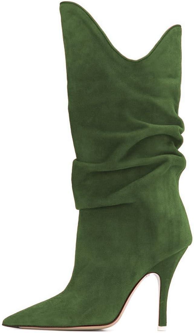 imageFSJ Women Slouchy Mid Calf Boots Pointed Toe Slim Stiletto High Heel Under Knee Boots V Cut Pointed Toe Pull On Winter Dress Shoe Size 415 USGreen