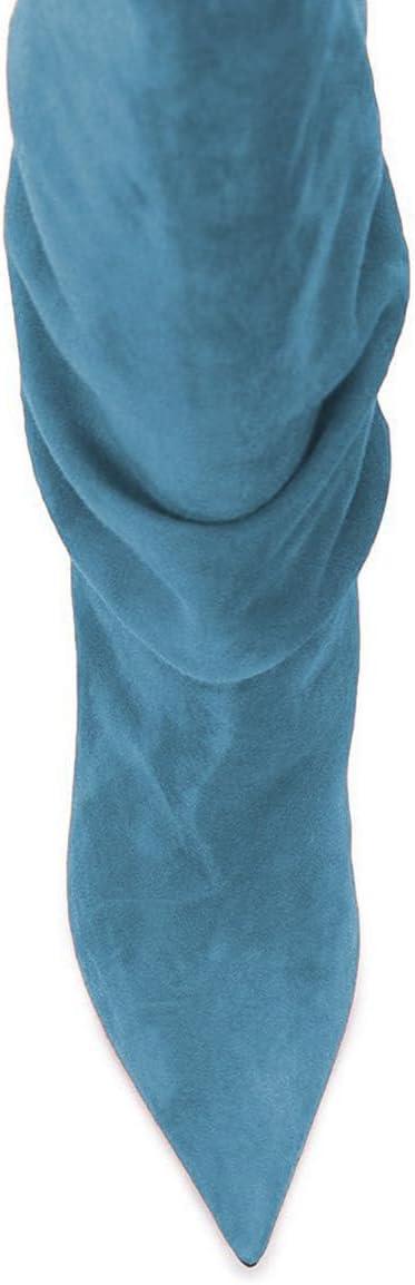 imageFSJ Women Slouchy Mid Calf Boots Pointed Toe Slim Stiletto High Heel Under Knee Boots V Cut Pointed Toe Pull On Winter Dress Shoe Size 415 USLight Blue