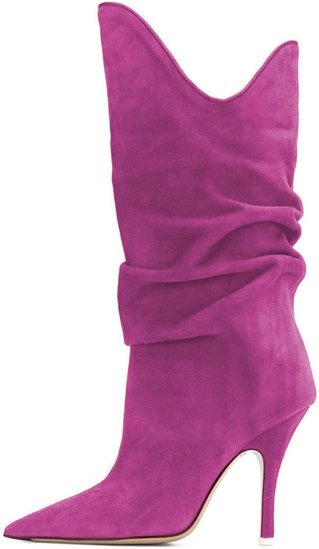 imageFSJ Women Slouchy Mid Calf Boots Pointed Toe Slim Stiletto High Heel Under Knee Boots V Cut Pointed Toe Pull On Winter Dress Shoe Size 415 USPurple