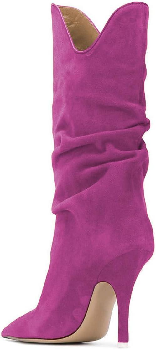 imageFSJ Women Slouchy Mid Calf Boots Pointed Toe Slim Stiletto High Heel Under Knee Boots V Cut Pointed Toe Pull On Winter Dress Shoe Size 415 USPurple