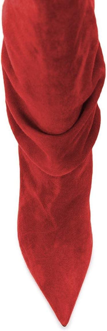 imageFSJ Women Slouchy Mid Calf Boots Pointed Toe Slim Stiletto High Heel Under Knee Boots V Cut Pointed Toe Pull On Winter Dress Shoe Size 415 USRed