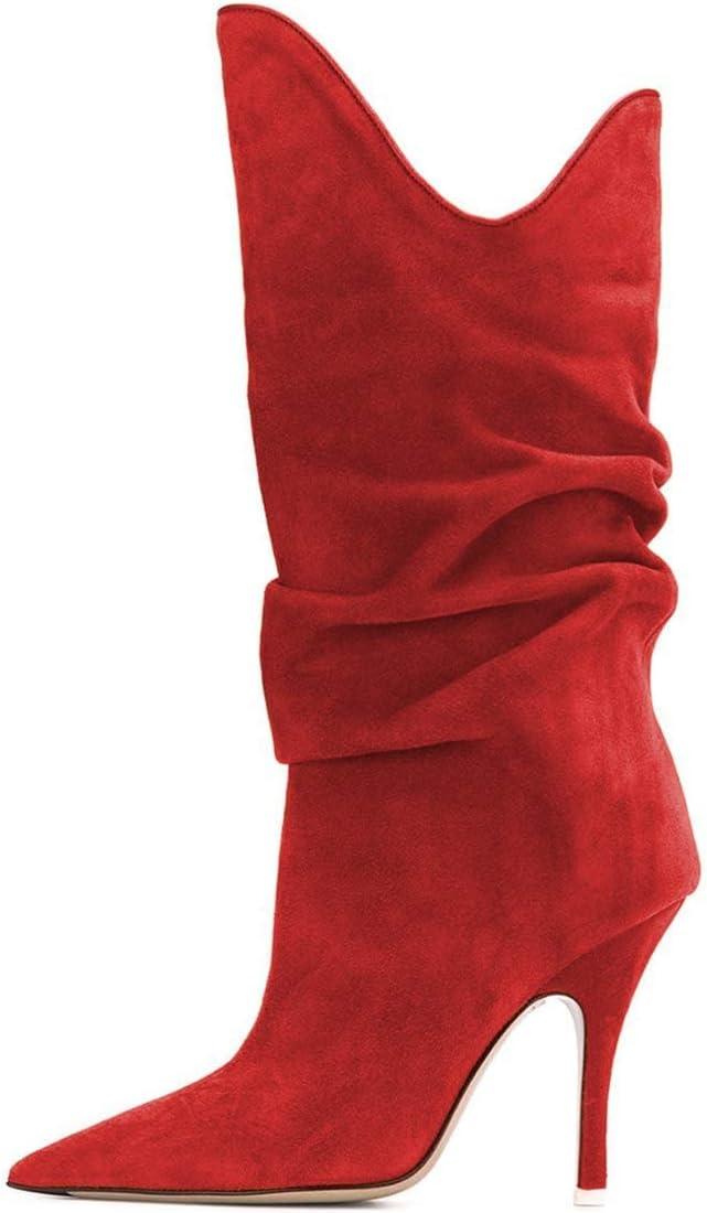 imageFSJ Women Slouchy Mid Calf Boots Pointed Toe Slim Stiletto High Heel Under Knee Boots V Cut Pointed Toe Pull On Winter Dress Shoe Size 415 USRed
