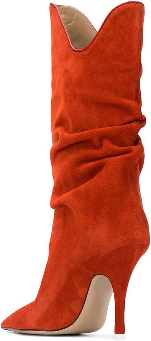 imageFSJ Women Slouchy Mid Calf Boots Pointed Toe Slim Stiletto High Heel Under Knee Boots V Cut Pointed Toe Pull On Winter Dress Shoe Size 415 USTangerine