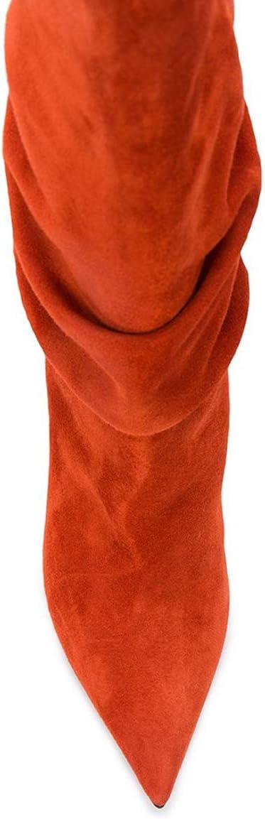 imageFSJ Women Slouchy Mid Calf Boots Pointed Toe Slim Stiletto High Heel Under Knee Boots V Cut Pointed Toe Pull On Winter Dress Shoe Size 415 USTangerine