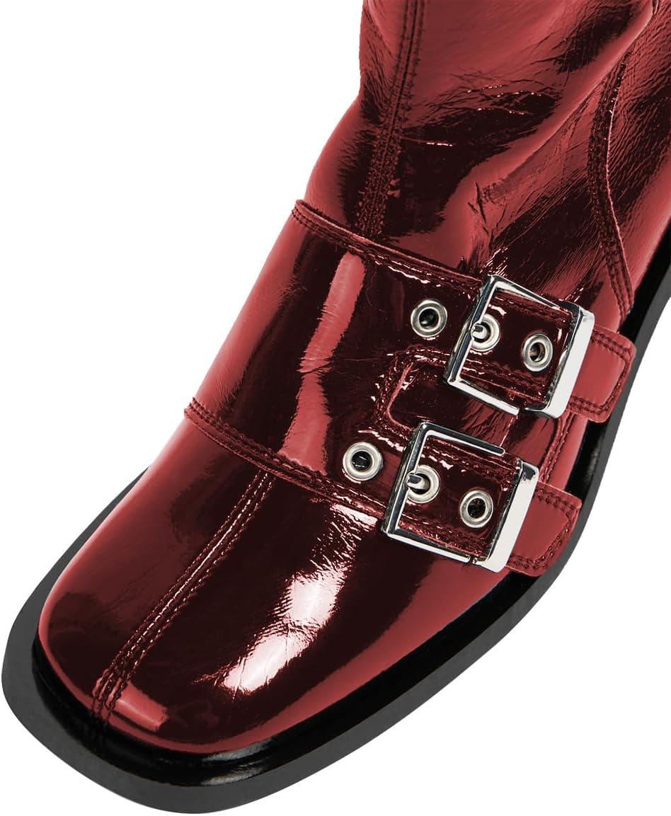 imageFSJ Women Studded Knee High Boots Side Zipper Motorcycle Riding Boot Square Toe Chunky Mid Heel Metal Buckle Strap Fashion Fall Winter Shoes Size 416 USRed