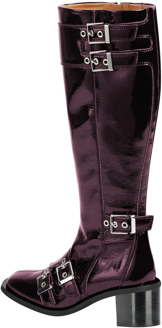 imageFSJ Women Studded Knee High Boots Side Zipper Motorcycle Riding Boot Square Toe Chunky Mid Heel Metal Buckle Strap Fashion Fall Winter Shoes Size 416 USDarkorchid