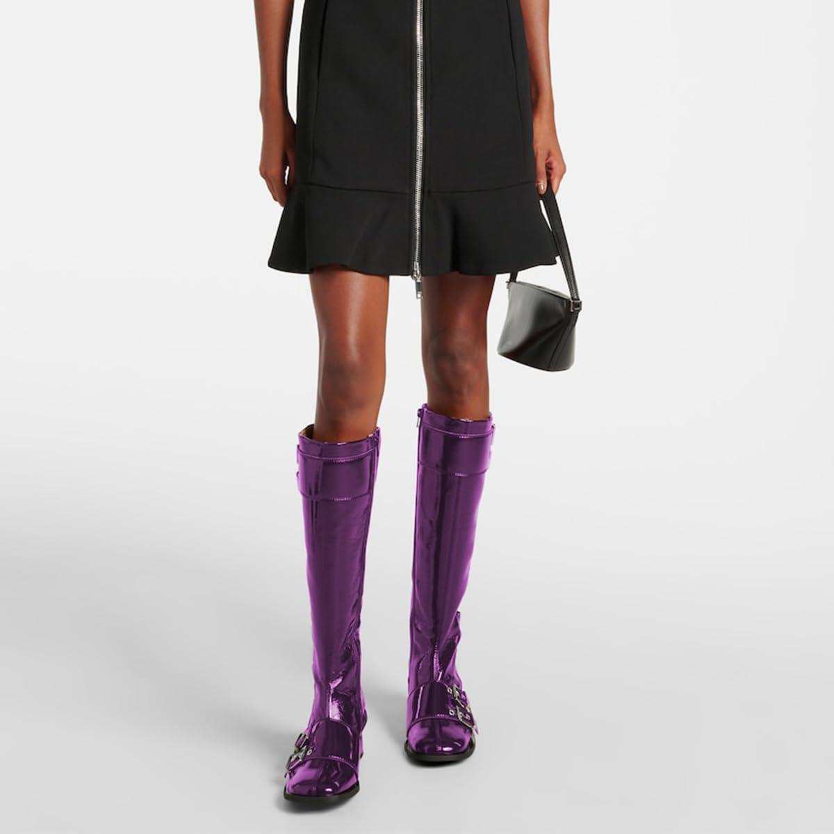 imageFSJ Women Studded Knee High Boots Side Zipper Motorcycle Riding Boot Square Toe Chunky Mid Heel Metal Buckle Strap Fashion Fall Winter Shoes Size 416 USPurple