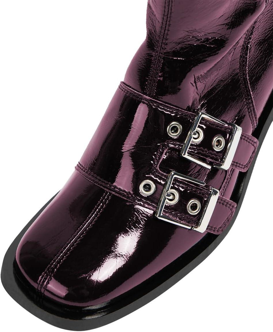 imageFSJ Women Studded Knee High Boots Side Zipper Motorcycle Riding Boot Square Toe Chunky Mid Heel Metal Buckle Strap Fashion Fall Winter Shoes Size 416 USDarkorchid