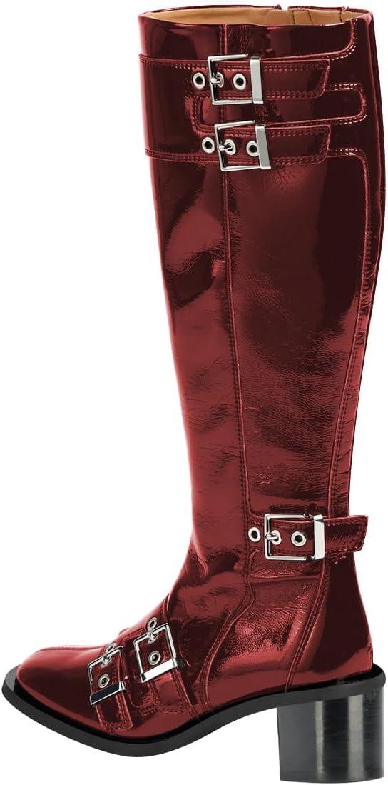 imageFSJ Women Studded Knee High Boots Side Zipper Motorcycle Riding Boot Square Toe Chunky Mid Heel Metal Buckle Strap Fashion Fall Winter Shoes Size 416 USRed
