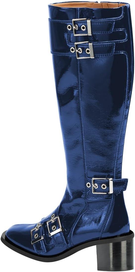 imageFSJ Women Studded Knee High Boots Side Zipper Motorcycle Riding Boot Square Toe Chunky Mid Heel Metal Buckle Strap Fashion Fall Winter Shoes Size 416 USBlue
