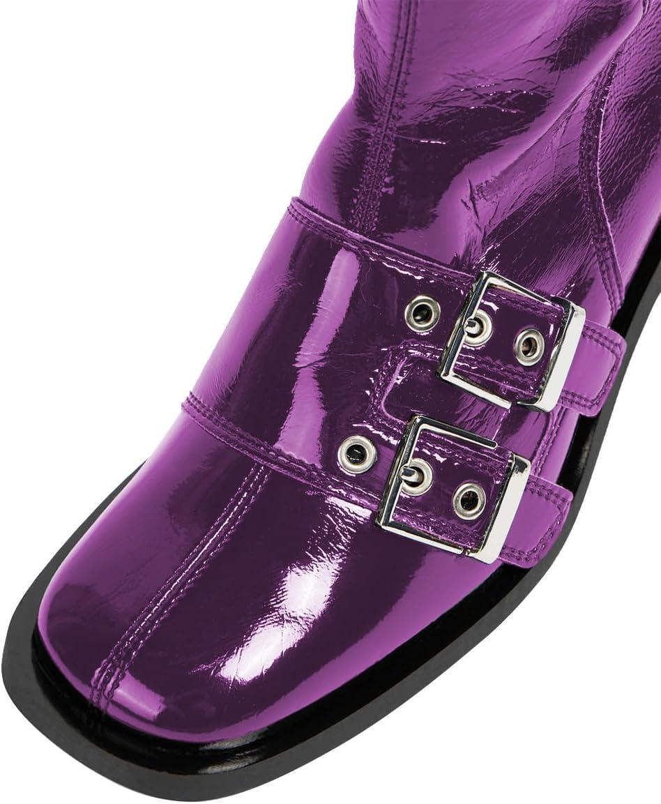 imageFSJ Women Studded Knee High Boots Side Zipper Motorcycle Riding Boot Square Toe Chunky Mid Heel Metal Buckle Strap Fashion Fall Winter Shoes Size 416 USPurple
