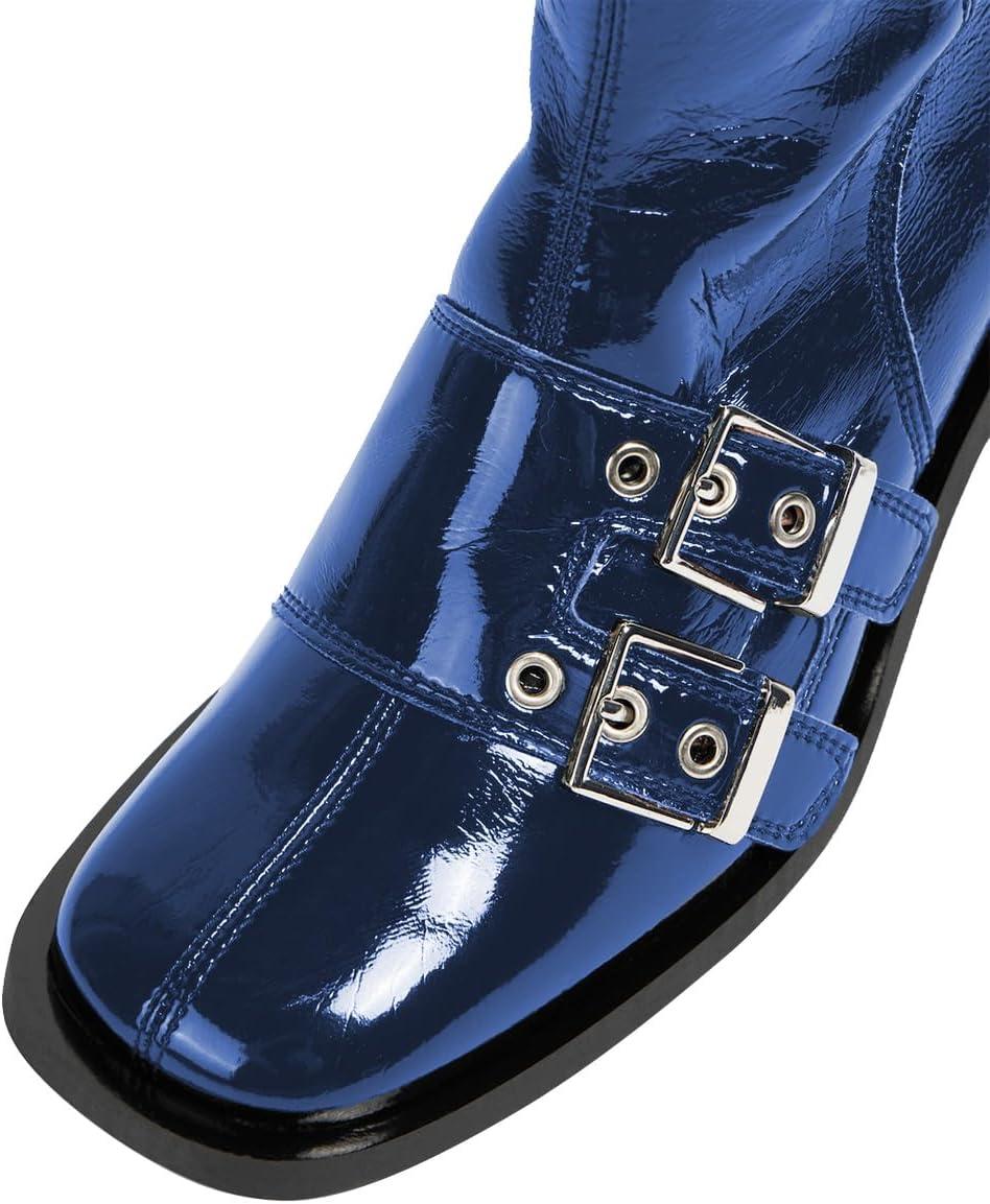 imageFSJ Women Studded Knee High Boots Side Zipper Motorcycle Riding Boot Square Toe Chunky Mid Heel Metal Buckle Strap Fashion Fall Winter Shoes Size 416 USBlue