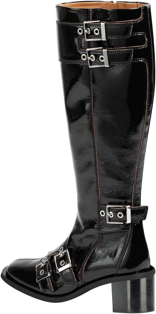 imageFSJ Women Studded Knee High Boots Side Zipper Motorcycle Riding Boot Square Toe Chunky Mid Heel Metal Buckle Strap Fashion Fall Winter Shoes Size 416 USBlack