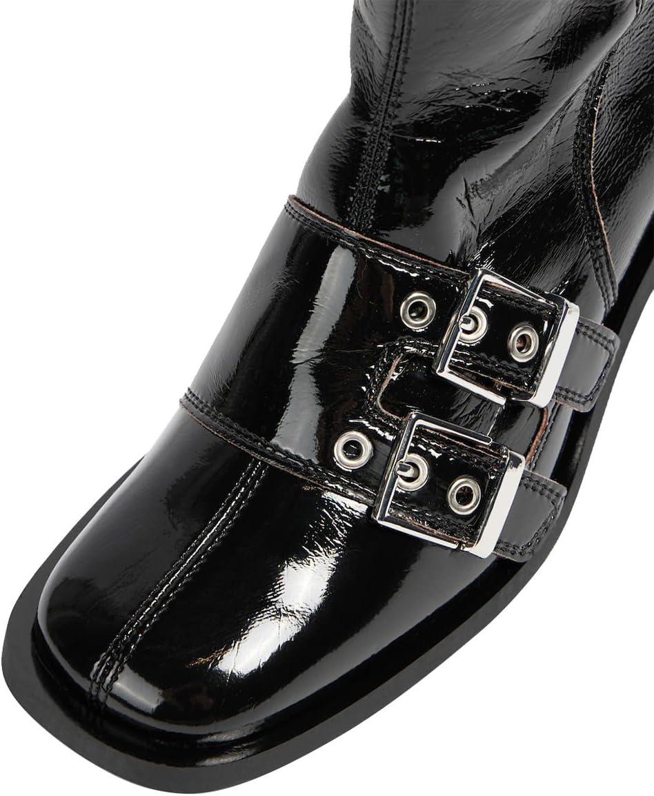 imageFSJ Women Studded Knee High Boots Side Zipper Motorcycle Riding Boot Square Toe Chunky Mid Heel Metal Buckle Strap Fashion Fall Winter Shoes Size 416 USBlack