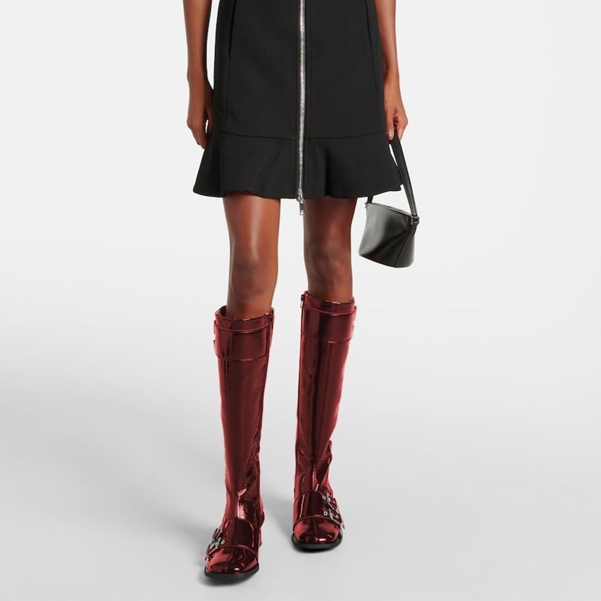 imageFSJ Women Studded Knee High Boots Side Zipper Motorcycle Riding Boot Square Toe Chunky Mid Heel Metal Buckle Strap Fashion Fall Winter Shoes Size 416 USRed