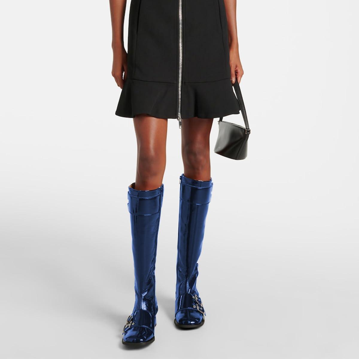 imageFSJ Women Studded Knee High Boots Side Zipper Motorcycle Riding Boot Square Toe Chunky Mid Heel Metal Buckle Strap Fashion Fall Winter Shoes Size 416 USBlue