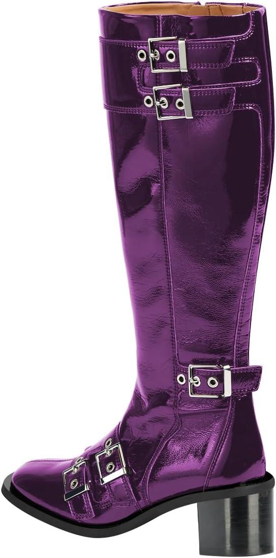 imageFSJ Women Studded Knee High Boots Side Zipper Motorcycle Riding Boot Square Toe Chunky Mid Heel Metal Buckle Strap Fashion Fall Winter Shoes Size 416 USPurple