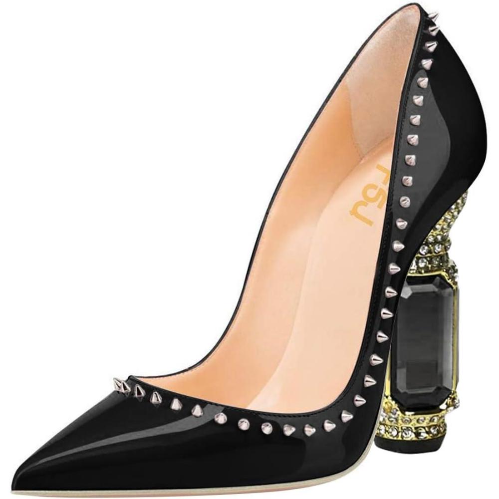 imageFSJ Women Bridal Pointed Toe Chunky Block High Heel Crystal Pumps Slip on Wedding Thick Comfort Evening Dress Studded Rivets ShoesBlack