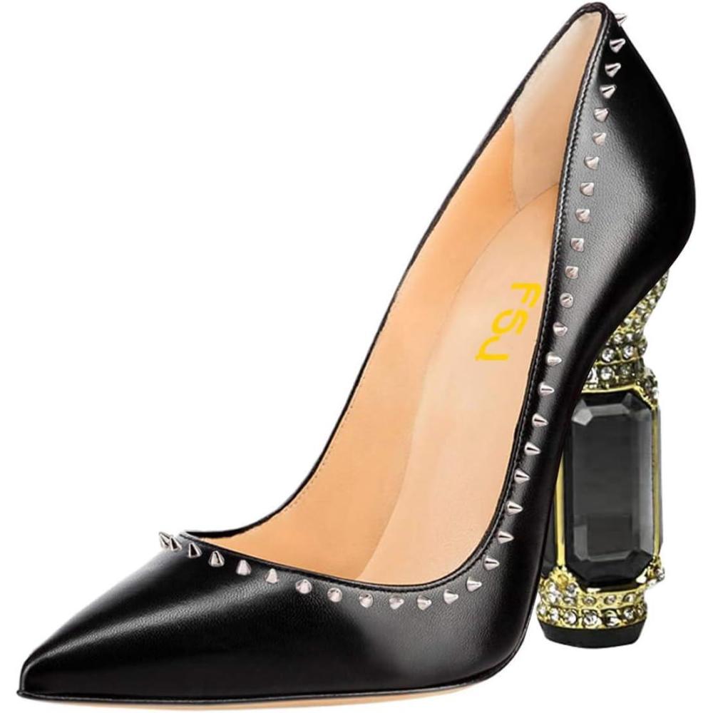 imageFSJ Women Bridal Pointed Toe Chunky Block High Heel Crystal Pumps Slip on Wedding Thick Comfort Evening Dress Studded Rivets ShoesBlack Matte Leather