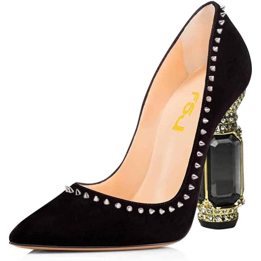 imageFSJ Women Bridal Pointed Toe Chunky Block High Heel Crystal Pumps Slip on Wedding Thick Comfort Evening Dress Studded Rivets ShoesBlack Suede