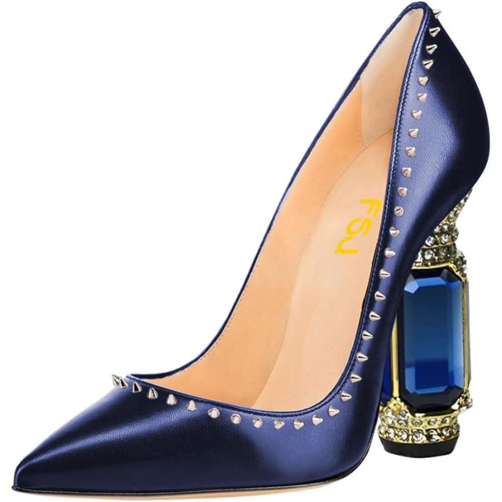 imageFSJ Women Bridal Pointed Toe Chunky Block High Heel Crystal Pumps Slip on Wedding Thick Comfort Evening Dress Studded Rivets ShoesBlue Matte Leather