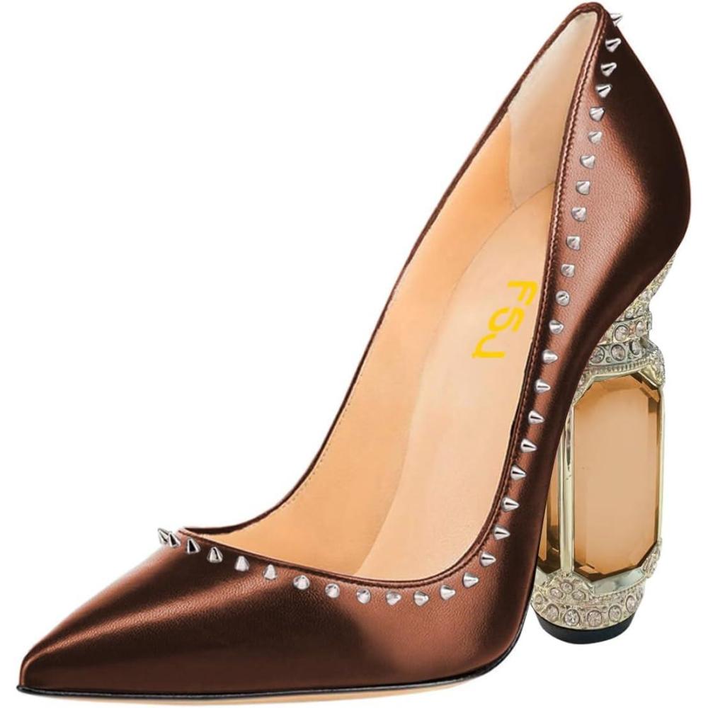 imageFSJ Women Bridal Pointed Toe Chunky Block High Heel Crystal Pumps Slip on Wedding Thick Comfort Evening Dress Studded Rivets ShoesBrown Matte Leather