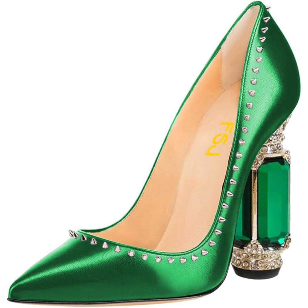 imageFSJ Women Bridal Pointed Toe Chunky Block High Heel Crystal Pumps Slip on Wedding Thick Comfort Evening Dress Studded Rivets ShoesGreen Matte Leather