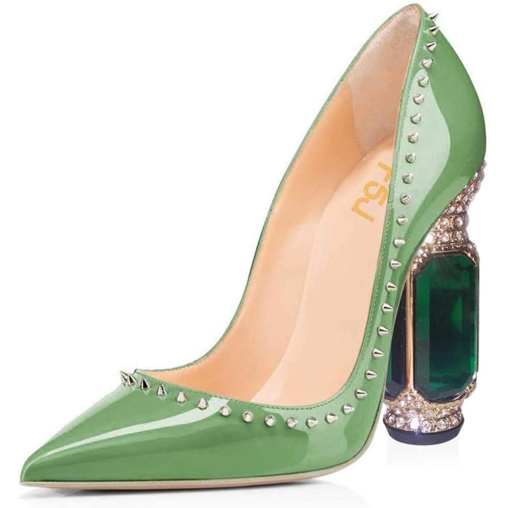 imageFSJ Women Bridal Pointed Toe Chunky Block High Heel Crystal Pumps Slip on Wedding Thick Comfort Evening Dress Studded Rivets ShoesGreen Rivets