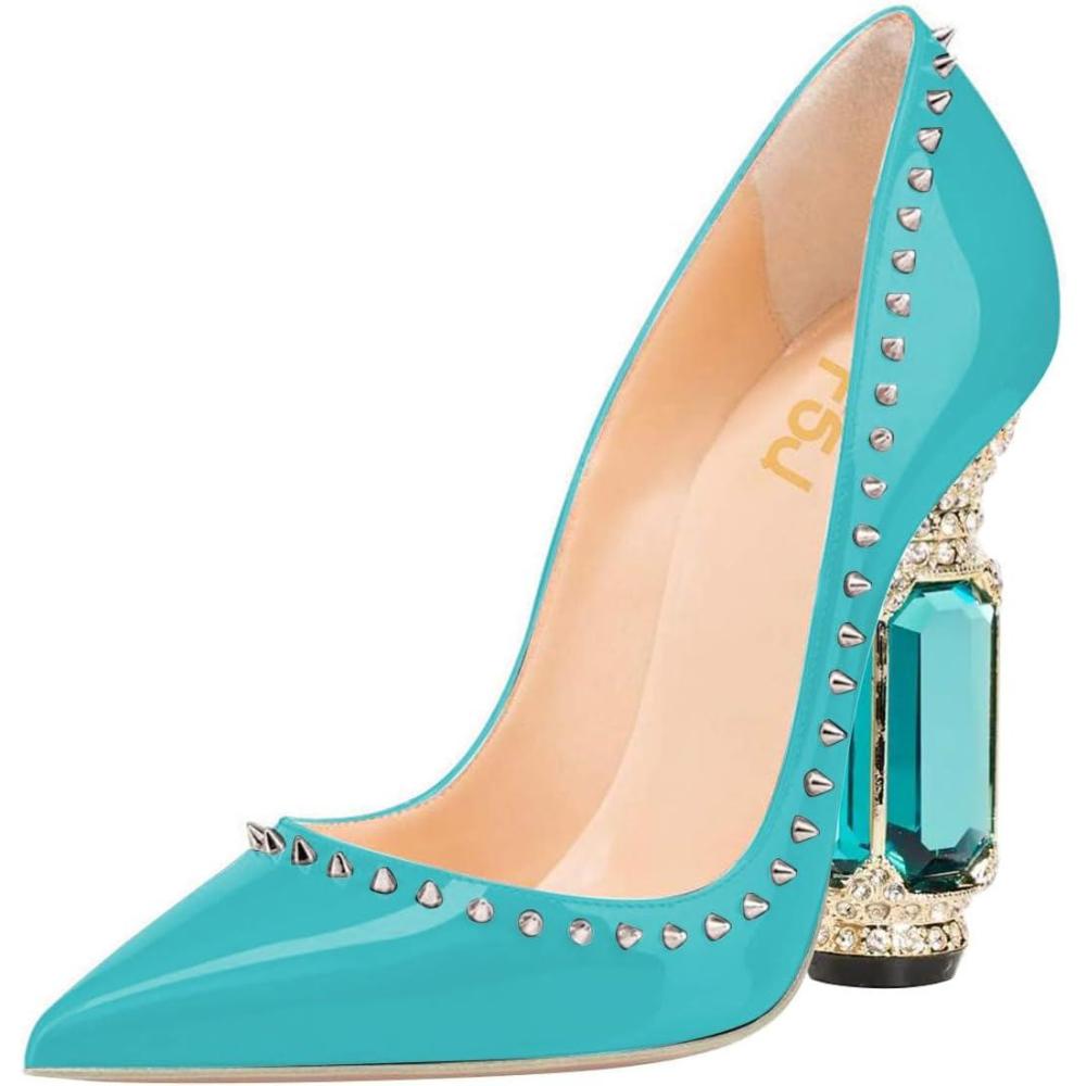 imageFSJ Women Bridal Pointed Toe Chunky Block High Heel Crystal Pumps Slip on Wedding Thick Comfort Evening Dress Studded Rivets ShoesLake Blue