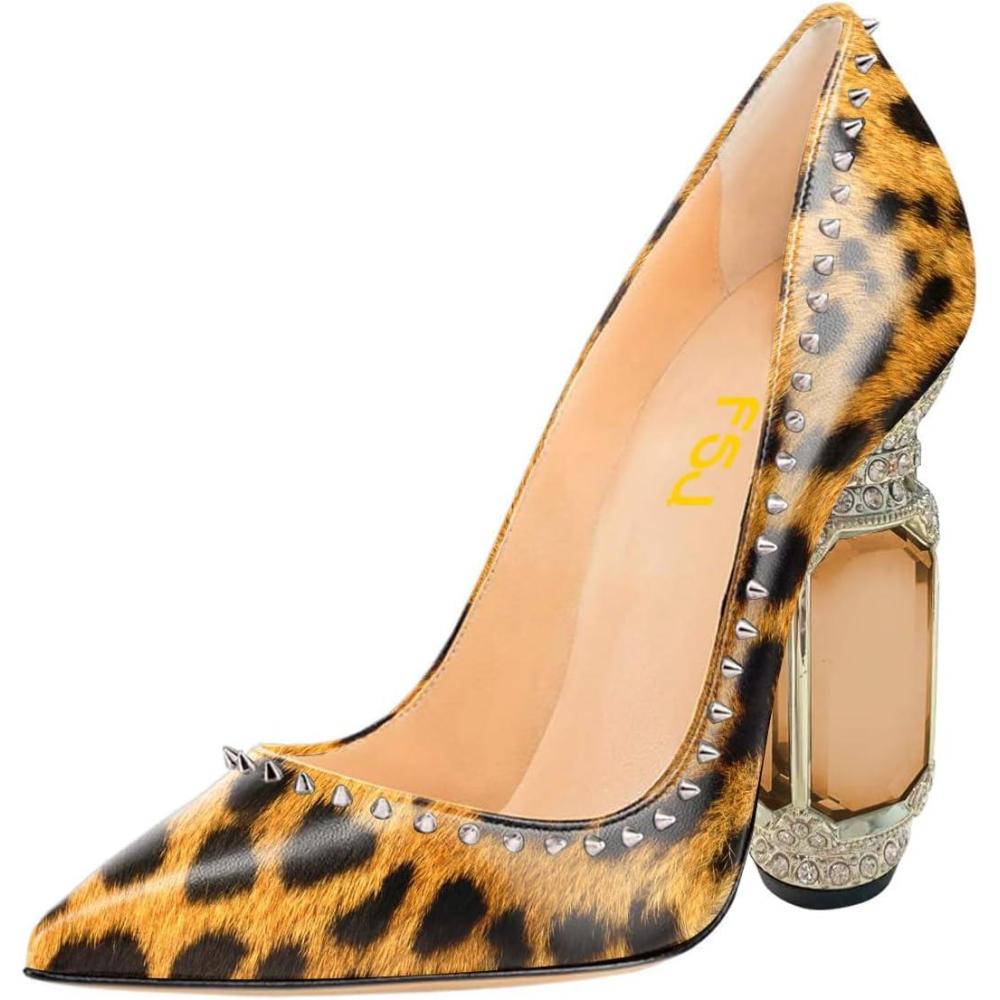 imageFSJ Women Bridal Pointed Toe Chunky Block High Heel Crystal Pumps Slip on Wedding Thick Comfort Evening Dress Studded Rivets ShoesLeopard Print