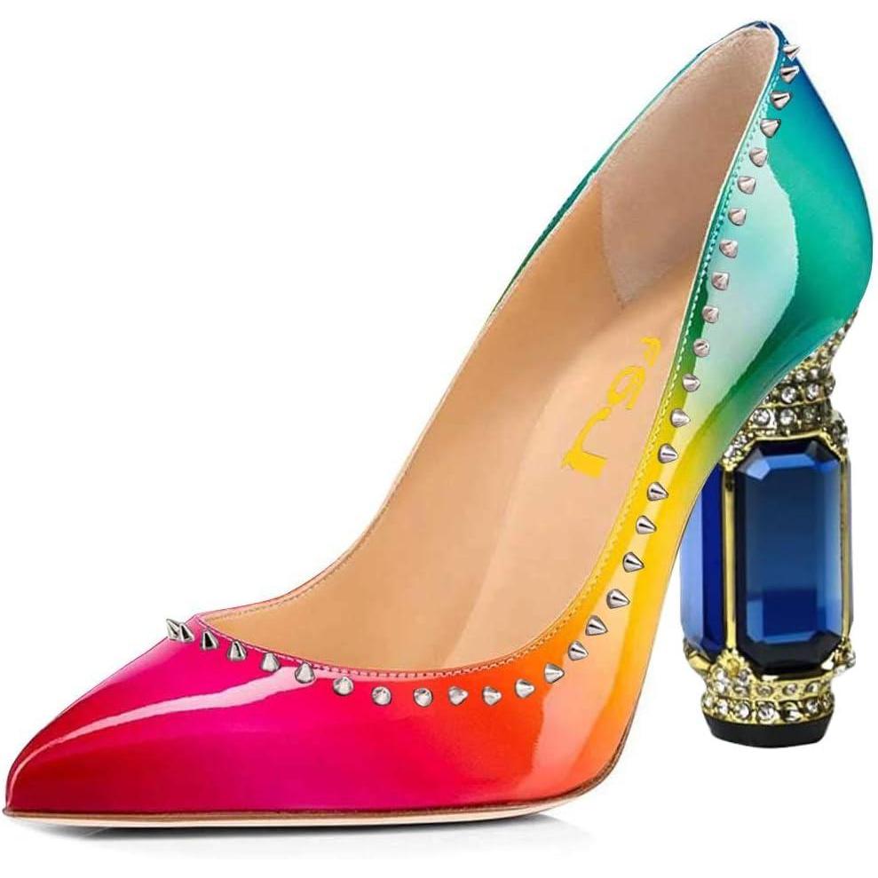 imageFSJ Women Bridal Pointed Toe Chunky Block High Heel Crystal Pumps Slip on Wedding Thick Comfort Evening Dress Studded Rivets ShoesMulticolor