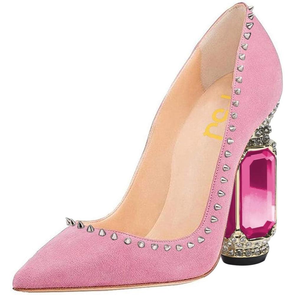 imageFSJ Women Bridal Pointed Toe Chunky Block High Heel Crystal Pumps Slip on Wedding Thick Comfort Evening Dress Studded Rivets ShoesPink Suede