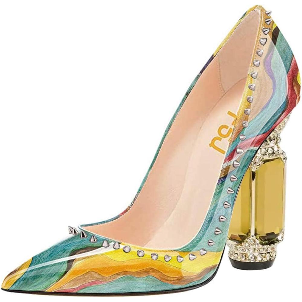 imageFSJ Women Bridal Pointed Toe Chunky Block High Heel Crystal Pumps Slip on Wedding Thick Comfort Evening Dress Studded Rivets ShoesQuicksand