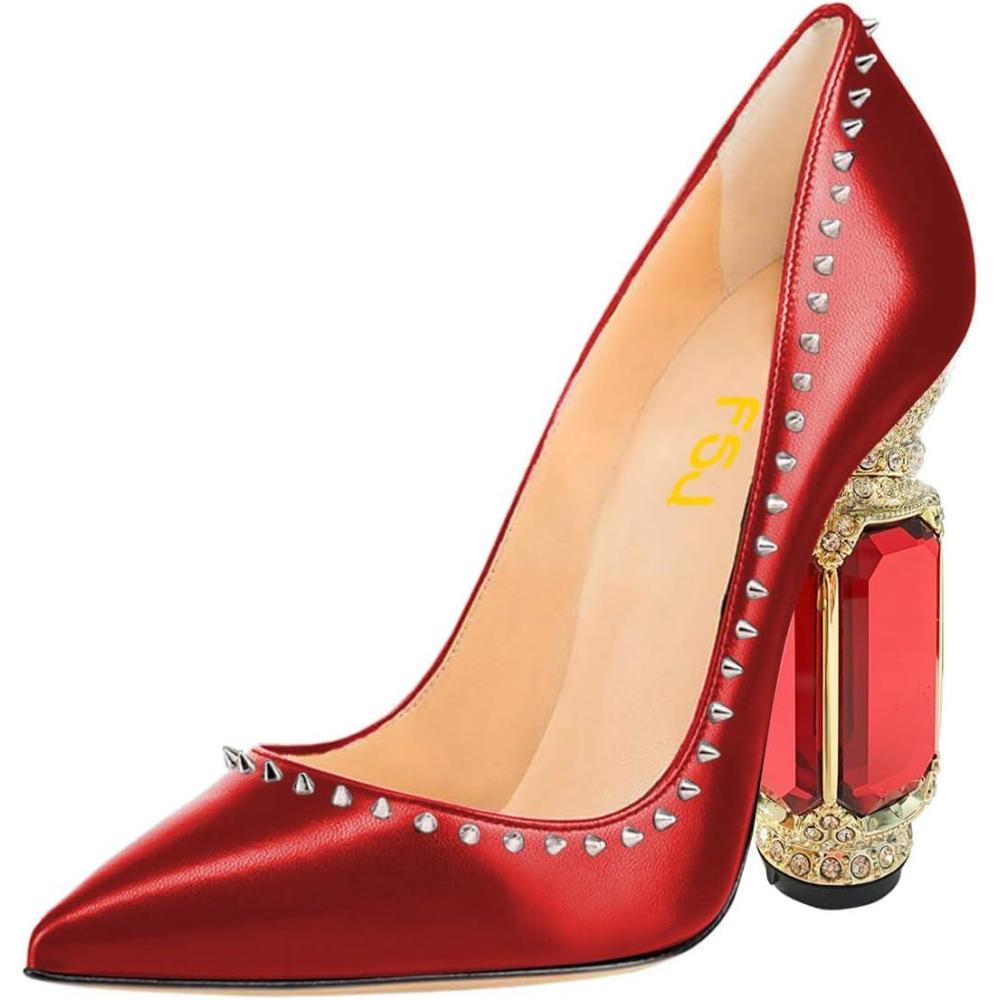 imageFSJ Women Bridal Pointed Toe Chunky Block High Heel Crystal Pumps Slip on Wedding Thick Comfort Evening Dress Studded Rivets ShoesRed Matte Leather