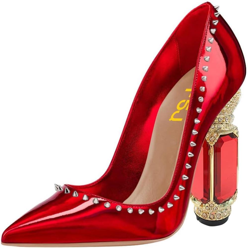 imageFSJ Women Bridal Pointed Toe Chunky Block High Heel Crystal Pumps Slip on Wedding Thick Comfort Evening Dress Studded Rivets ShoesRed Mirror