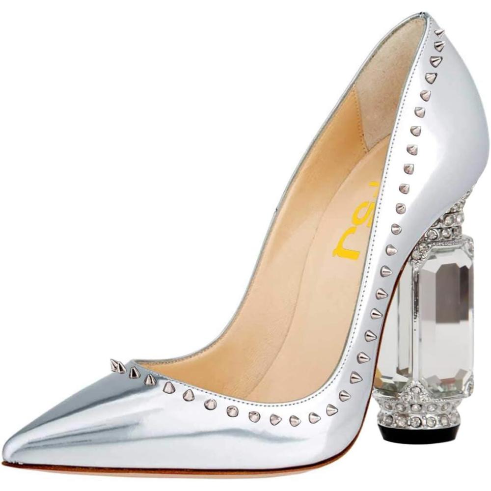 imageFSJ Women Bridal Pointed Toe Chunky Block High Heel Crystal Pumps Slip on Wedding Thick Comfort Evening Dress Studded Rivets ShoesSilver