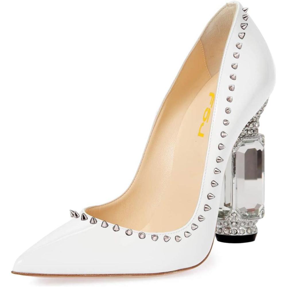 imageFSJ Women Bridal Pointed Toe Chunky Block High Heel Crystal Pumps Slip on Wedding Thick Comfort Evening Dress Studded Rivets ShoesWhite