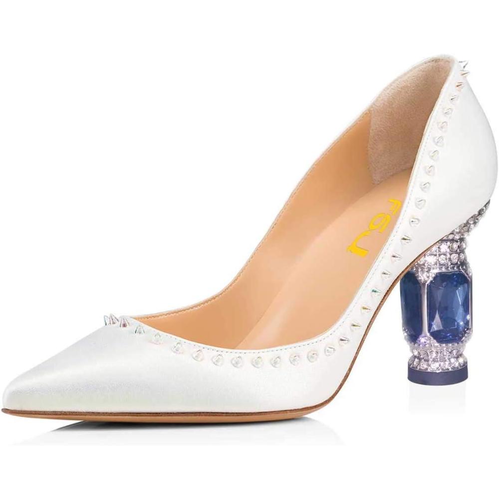 imageFSJ Women Bridal Pointed Toe Chunky Block High Heel Crystal Pumps Slip on Wedding Thick Comfort Evening Dress Studded Rivets ShoesWhitepu 10cm