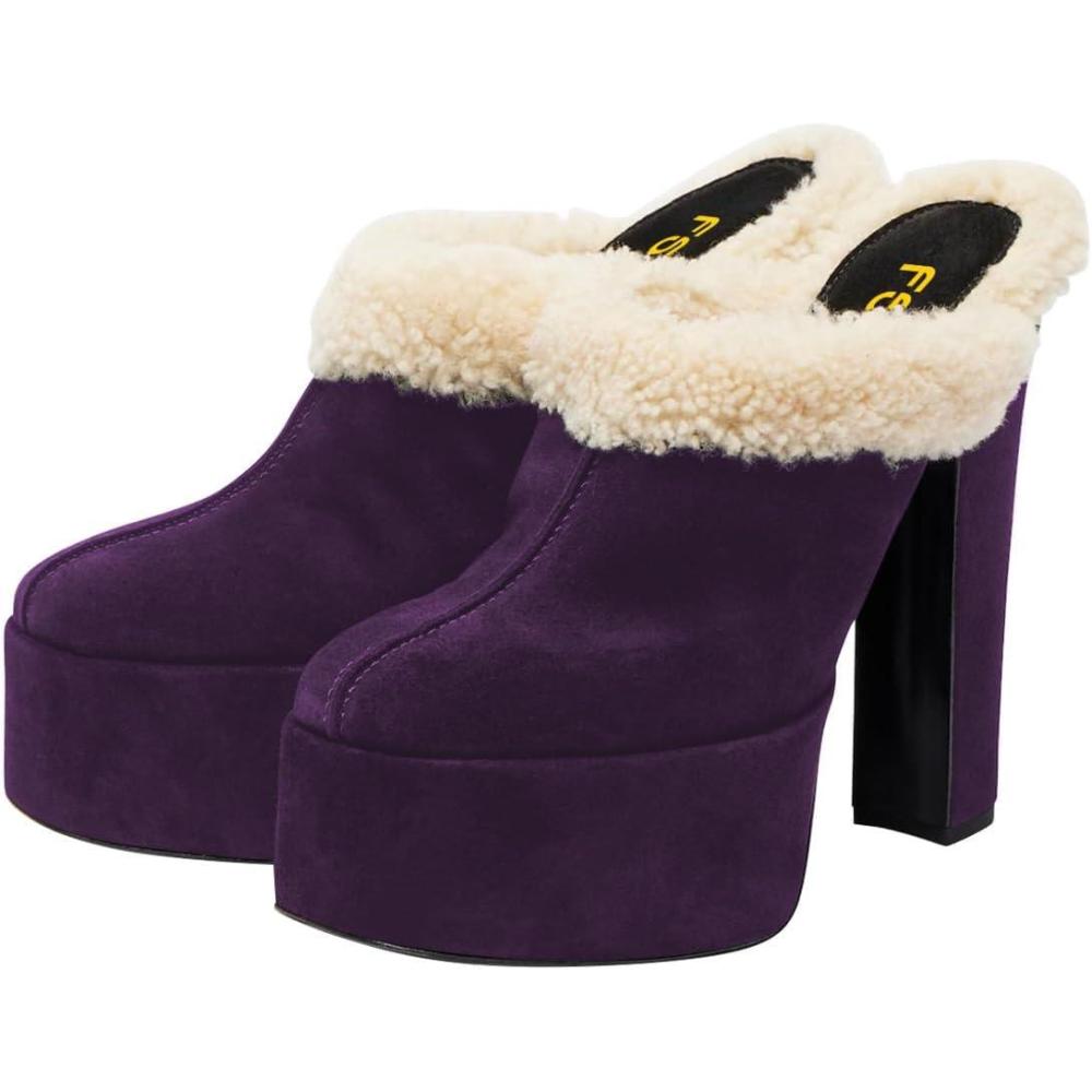 imageFSJ Women Comfort Platform Mules with Shearling Trim Suede Closed Round Toe Chunky High Heel Slip On Fashion Clogs Size 416 USPurple