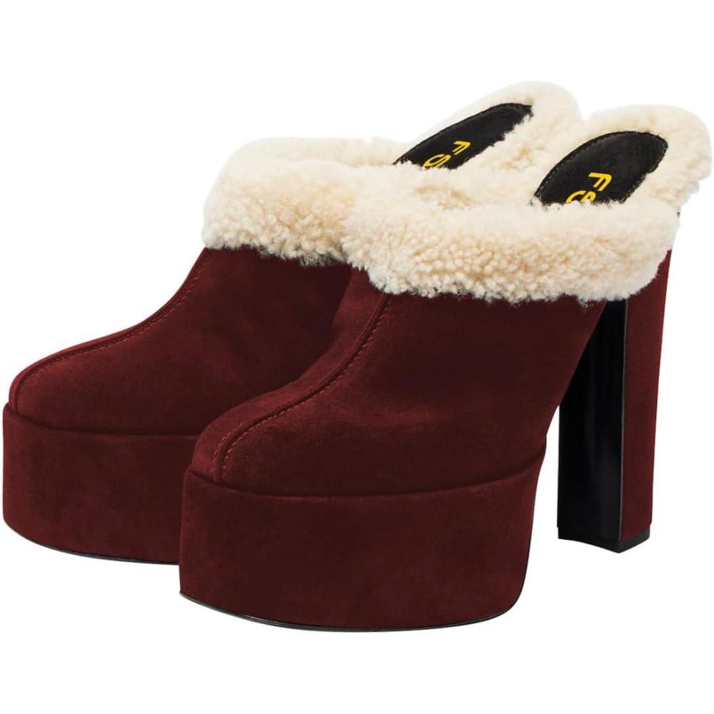 imageFSJ Women Comfort Platform Mules with Shearling Trim Suede Closed Round Toe Chunky High Heel Slip On Fashion Clogs Size 416 USRed