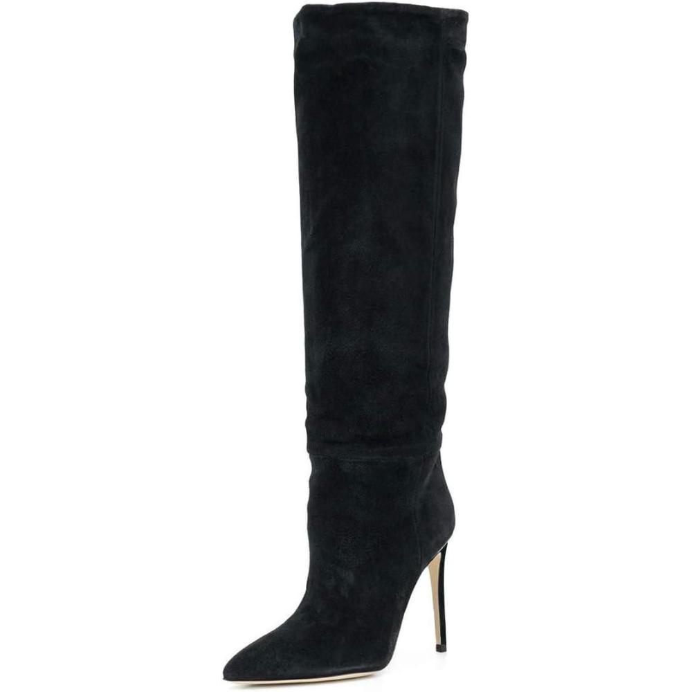 imageFSJ Women Comfy High Stiletto Heel Knee High Long Boots Closed Pointed Toe Pull On Classic Party Stretch Shoes Size 415 USBlack