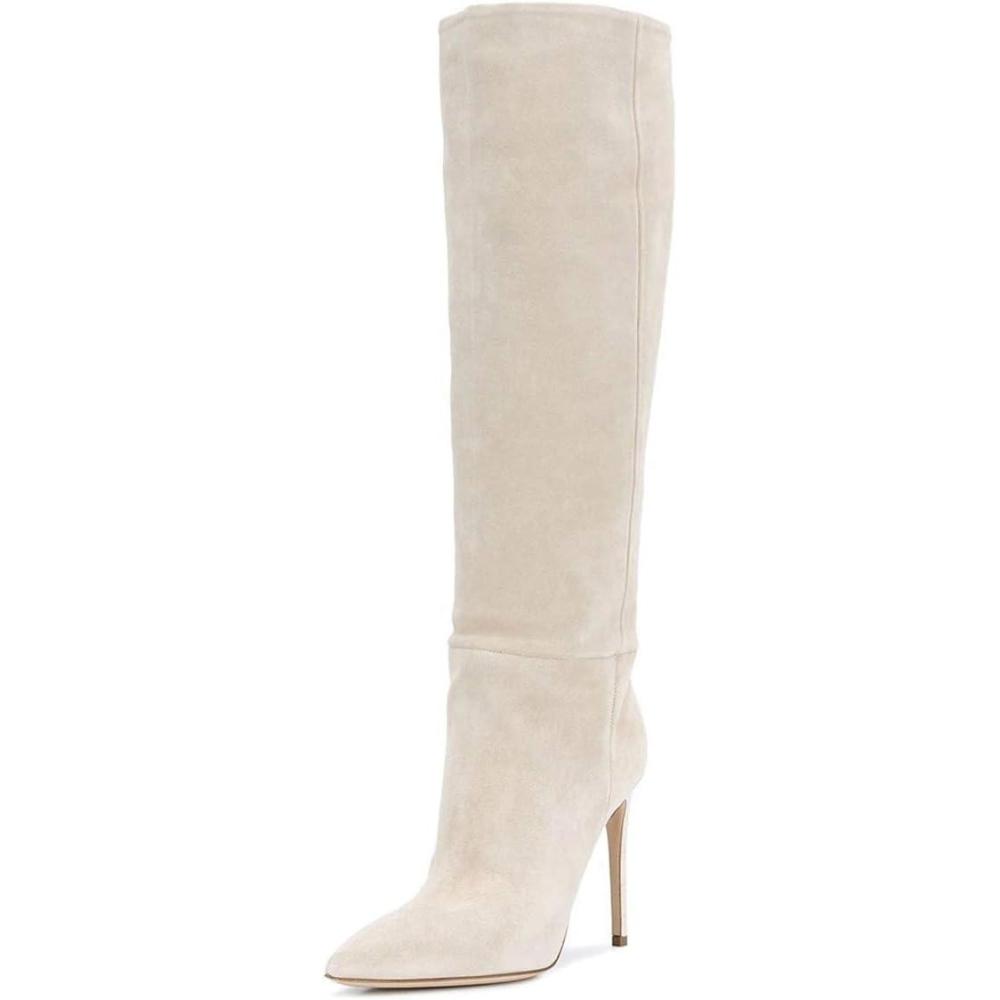 imageFSJ Women Comfy High Stiletto Heel Knee High Long Boots Closed Pointed Toe Pull On Classic Party Stretch Shoes Size 415 USWhite