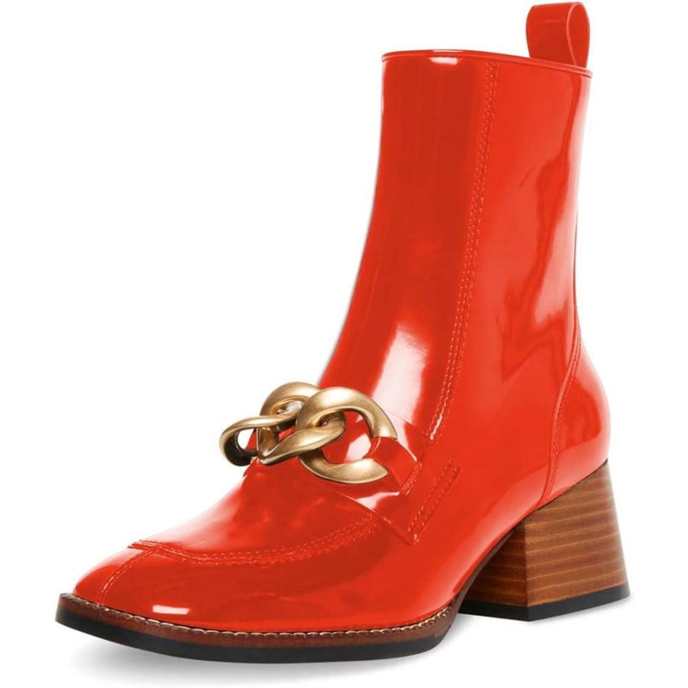 imageFSJ Women Fashion Chain Square Toe Block Mid Heel Ankle Boots Classic Side Zipper Casual Walking Ladies Shoes Size 415 USOrangered
