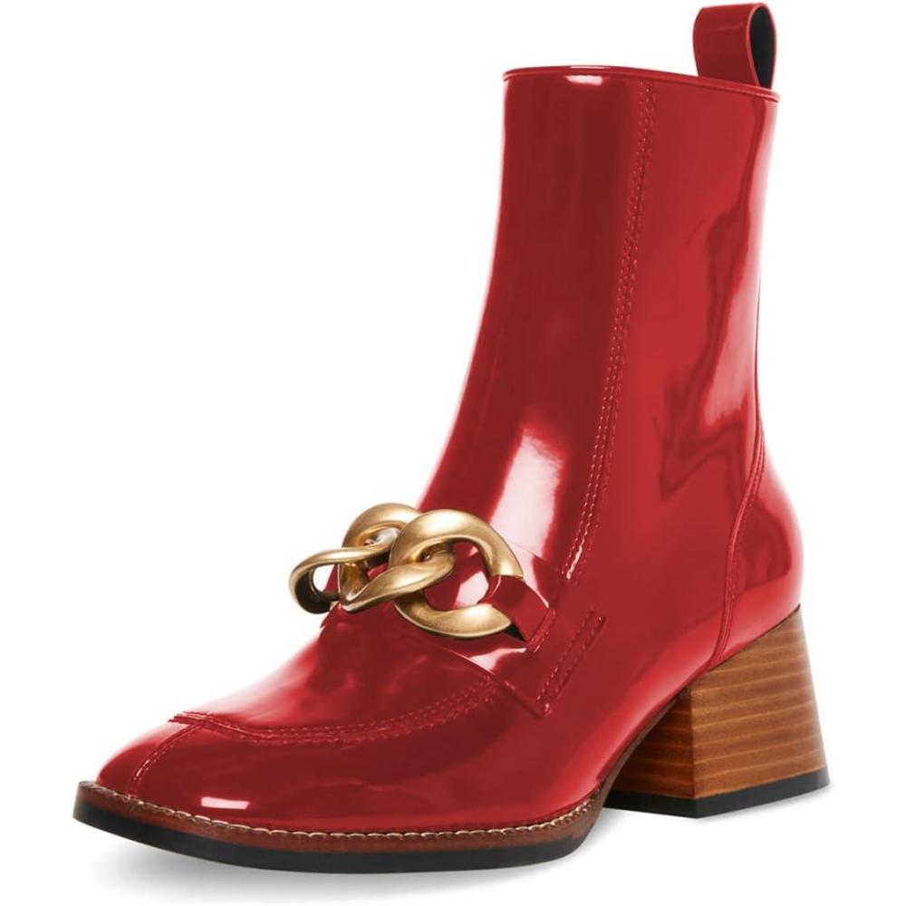 imageFSJ Women Fashion Chain Square Toe Block Mid Heel Ankle Boots Classic Side Zipper Casual Walking Ladies Shoes Size 415 USRed