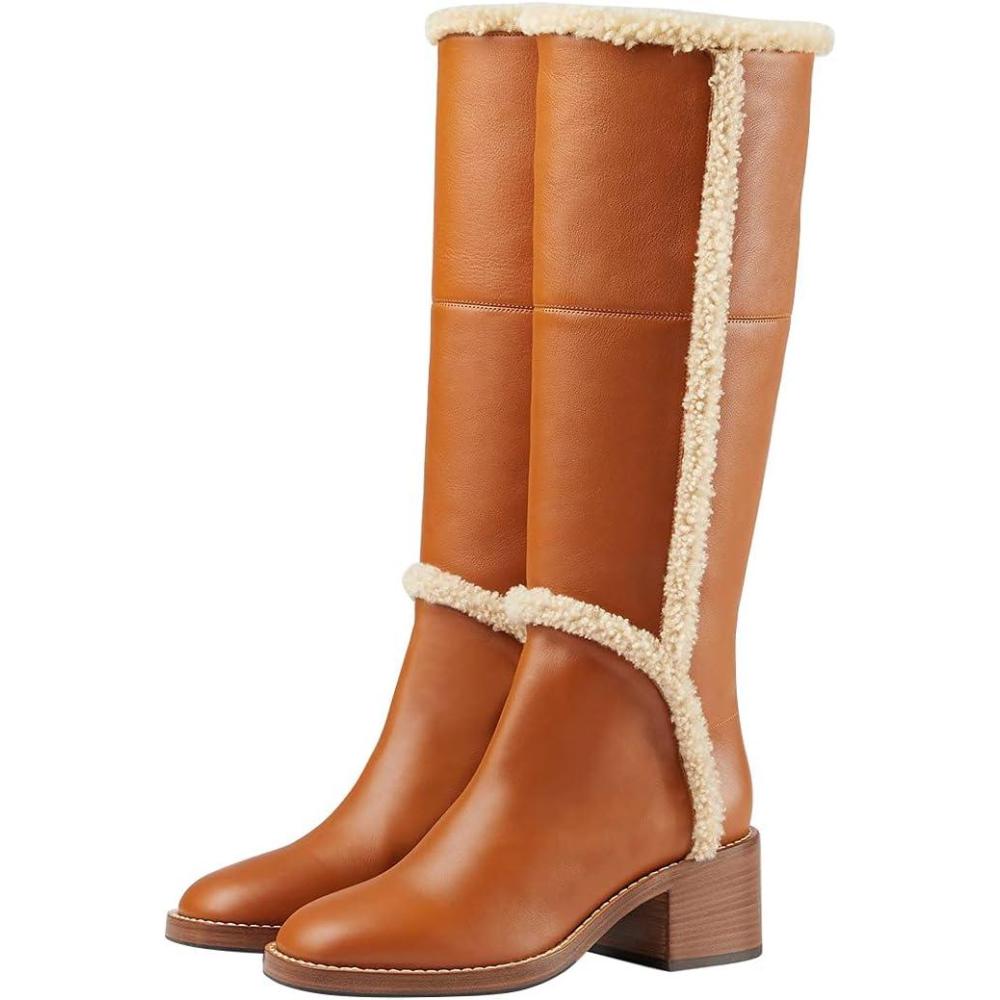 imageFSJ Women Fashion Knee High Round Toe Mid Chunky Block Heel Riding Dress Winter Wool Spring Shaft BootsPeru