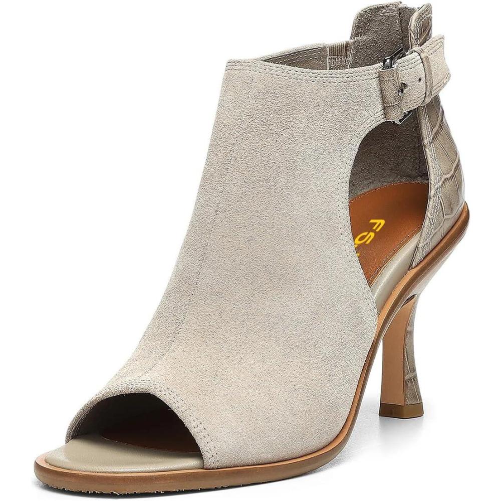 imageFSJ Women Peep Open Toe High Heel Sandals Cutout Ankle Strap Buckle Booties with Back Zipper Fashion Cocktail Nightclub Pumps Shoes Size 416 USLight Gray