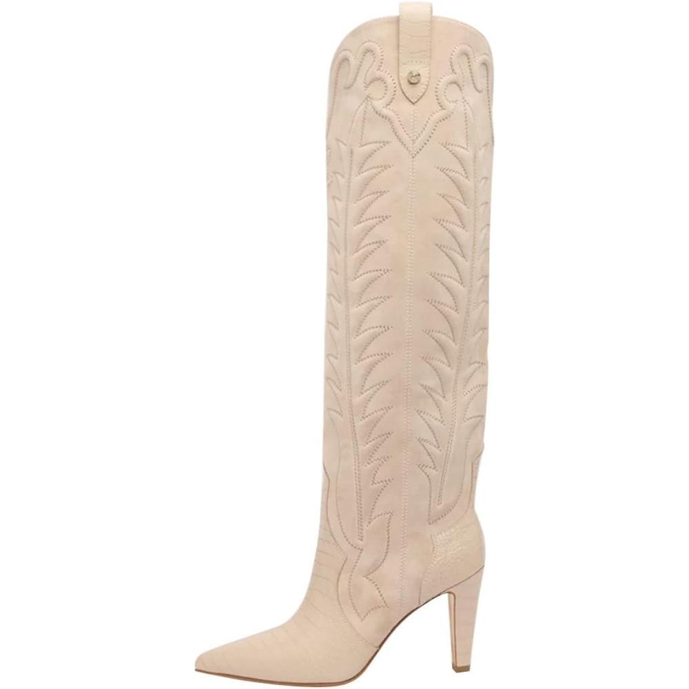 imageFSJ Women Pointed Toe Cowboy Boots Embroidered Chunky High Heel Knee High Boots Western Pull On Fashion Dress Shoes Size 416 USNude