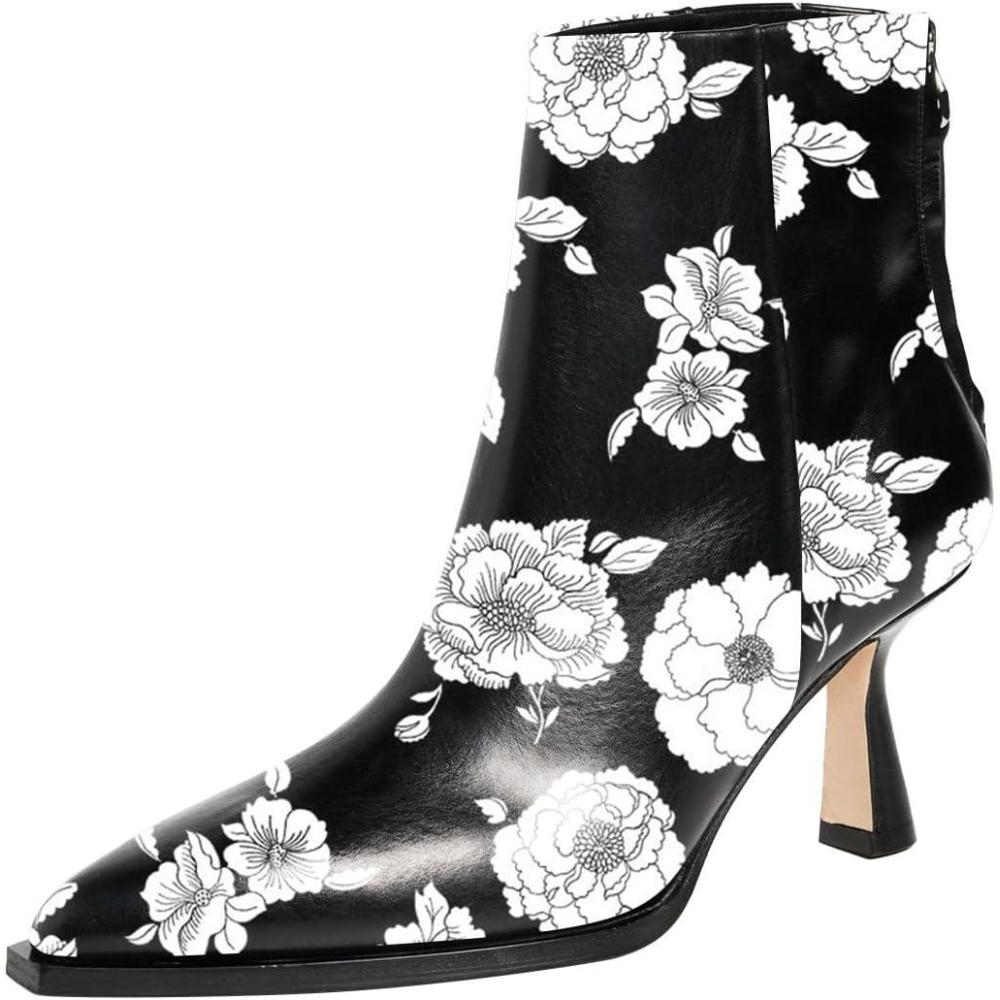 imageFSJ Women Pointed Toe Low Kitten Heel Ankle Boots Faux Leather Back Zipper Classic Short Booties Basic Office Dress Shoes Size 416 USFloral White